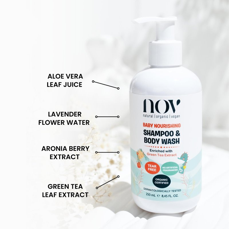 NOV natural organic vegan Baby Shampoo & Body Wash | Tear-Free, Plant-Based Formula for Gentle Cleansing, Nurturing, and Ethical Care, Free from Harmful Chemicals