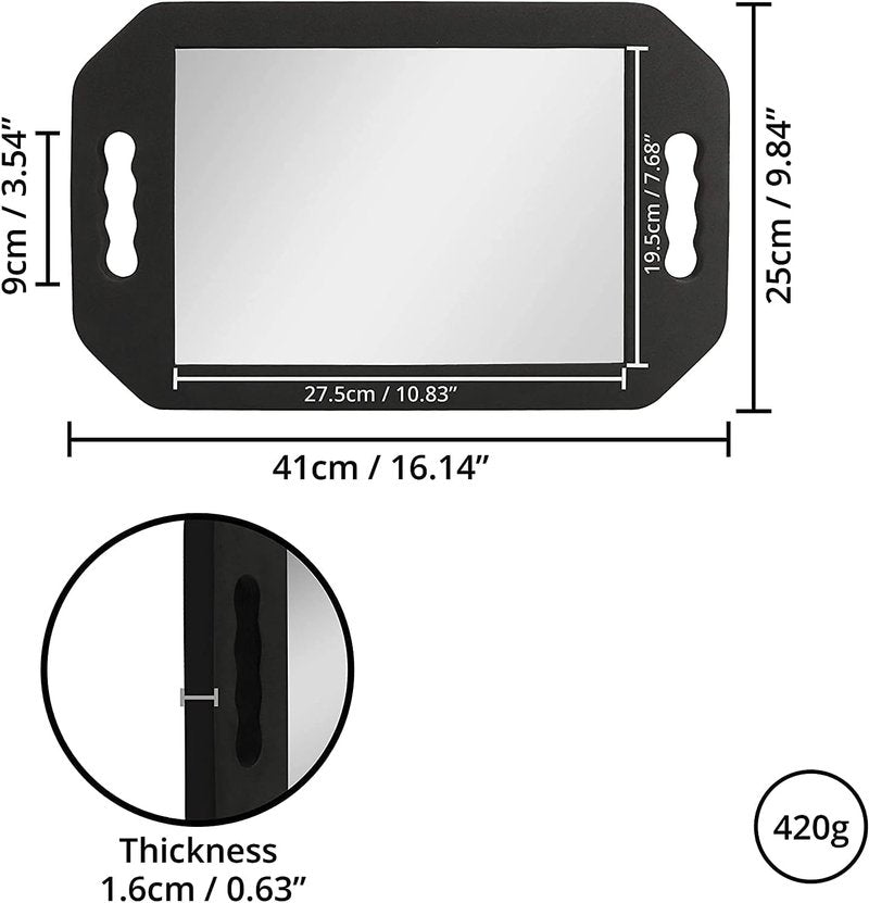 Rimoleur Large Rectangular Hand Mirror with Double Handle, Salon-Grade, Black Foam Frame, 16"L x 9.8"W, Floor Mount, Modern Style