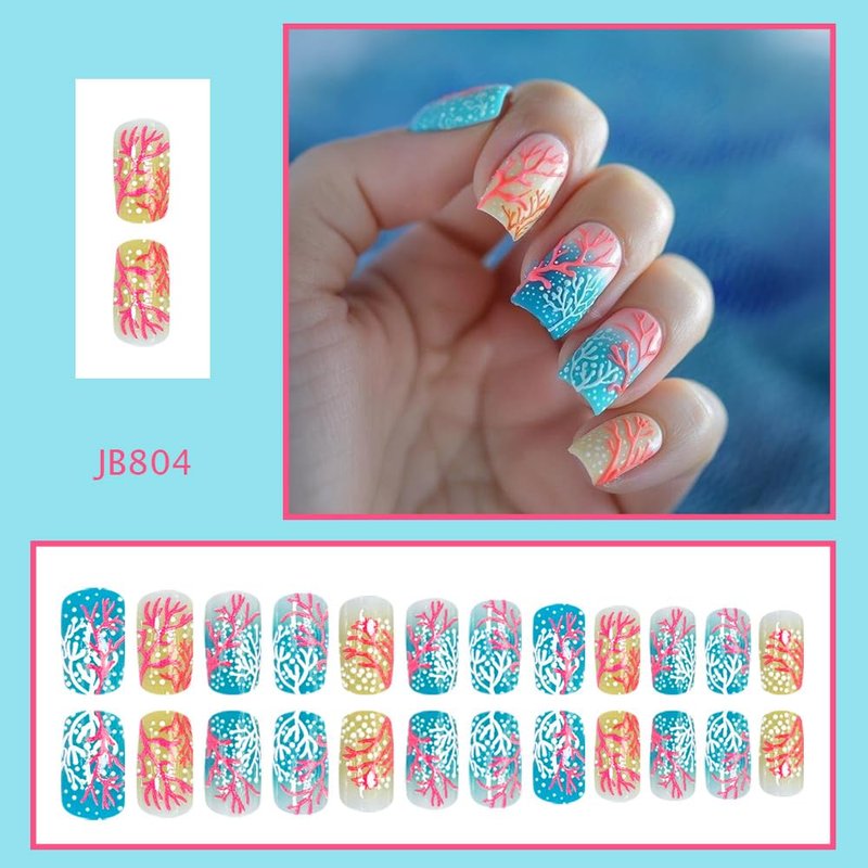 CEWEWP Ocean Press on Nails Medium Square Fake Nails with Red Coral Design Glossy False Nail Summer Acrylic Nails Kit with Jelly Glue Reusable Full Cover Stick on Nails for Women 24Pcs