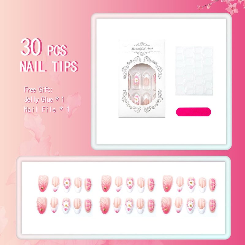 Skiennix 3D Pink Flower Press-On Nails - Nude Pink Gradient French Tip with Gold Starfish Decor | Medium Almond, 30 Pcs