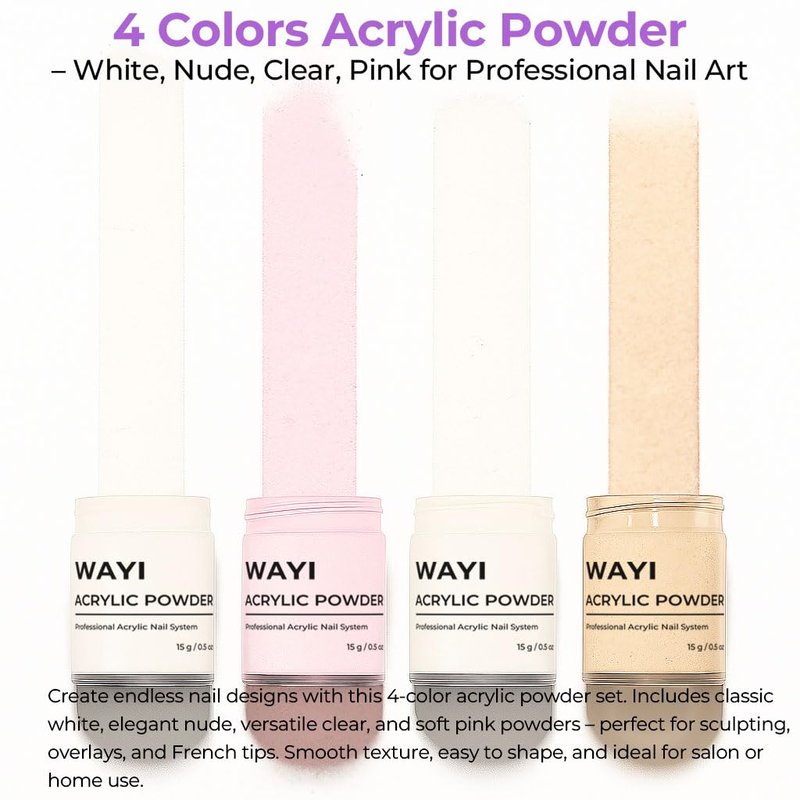 Acrylic Nail Kit with Monomer Liquid – 4 Colors Powder, Brush, Crystal Cup, Nail Forms & File | All-in-One Acrylic Extension Set for Beginners & Professionals