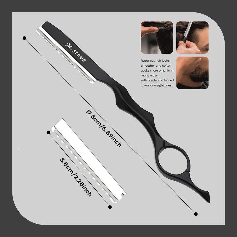 M.steve Hair Razors For Cutting Hair 6.89",Professional Styling Thinning Texturizing Cutting Razor with Replacement Blades,Ideal for Salon/Home -11PCS Black