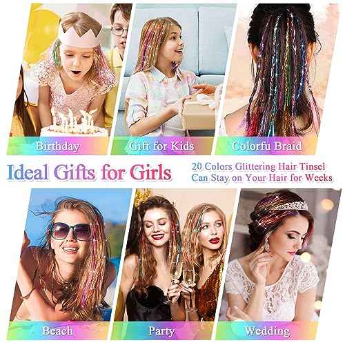 Hair Tinsel Kit with Tools, 20 Colors 4000 Strands Sparkling Glitter Tinsel Hair, Heat Resistant Shiny Fairy Hair Tinsel Extensions for Women Girls Hair Accessories for Cosplay Party