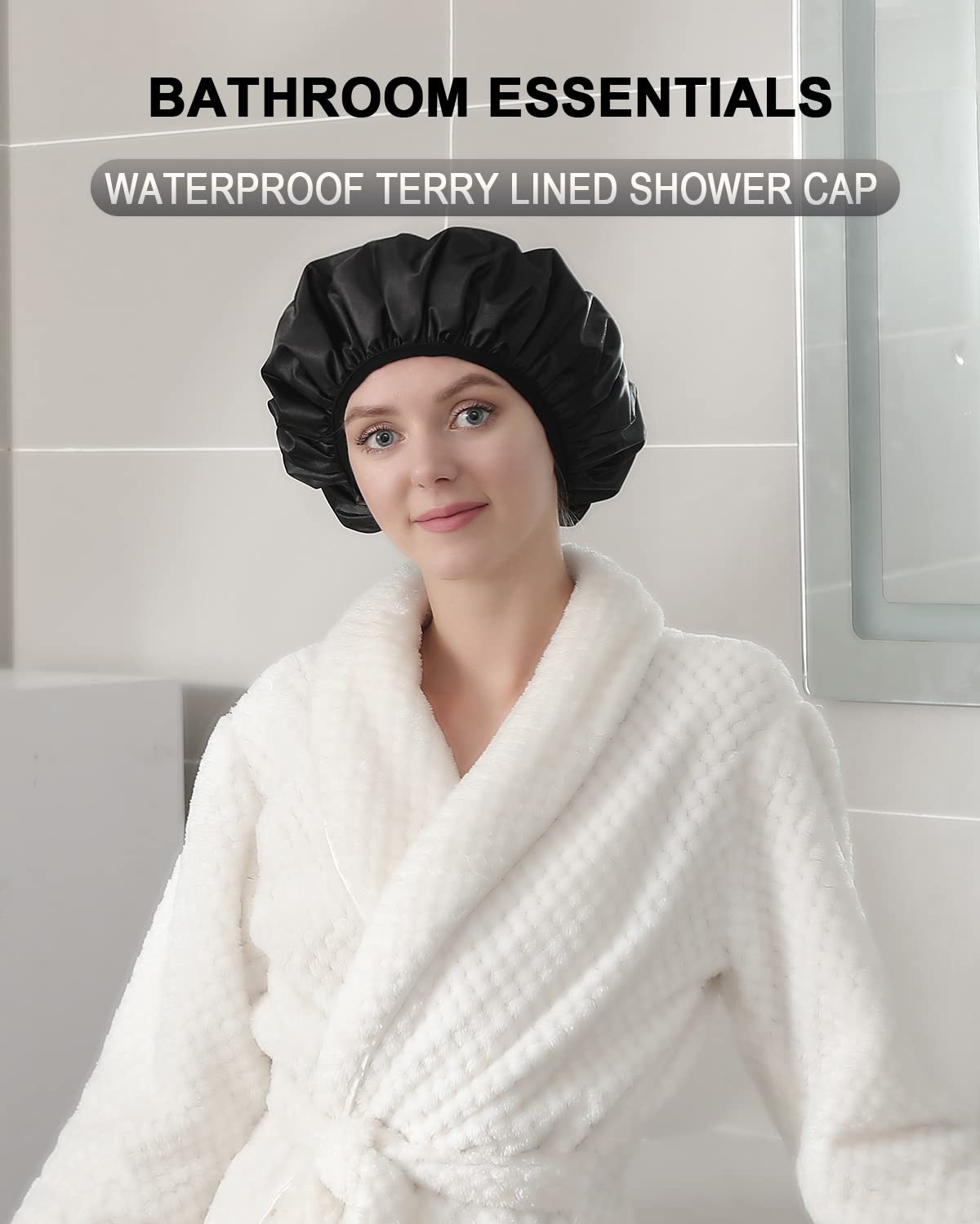 YIZIJIZI Terry Lined Shower Cap, Triple Layer Large Cap for Women, Reusable Waterproof for Long Thick Hair, Black