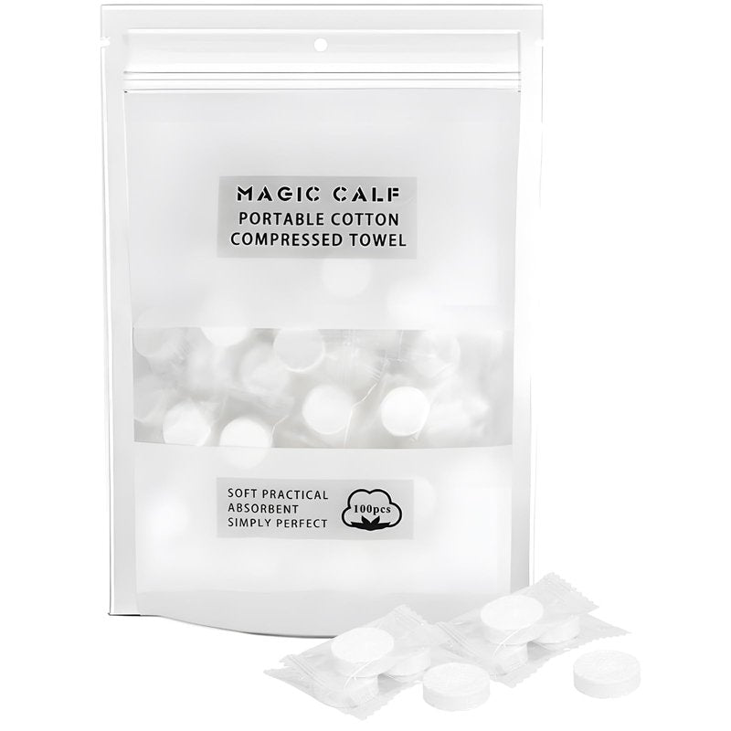 Classycoo Compressed Towel 100 PCS Mini Tablets Disposable Portable Face Towel Cotton Coin Tissue for Travel, Camping, Hiking, Sport, Beauty Salon, Home Hand Wipes and Other Outdoor Activities (White)