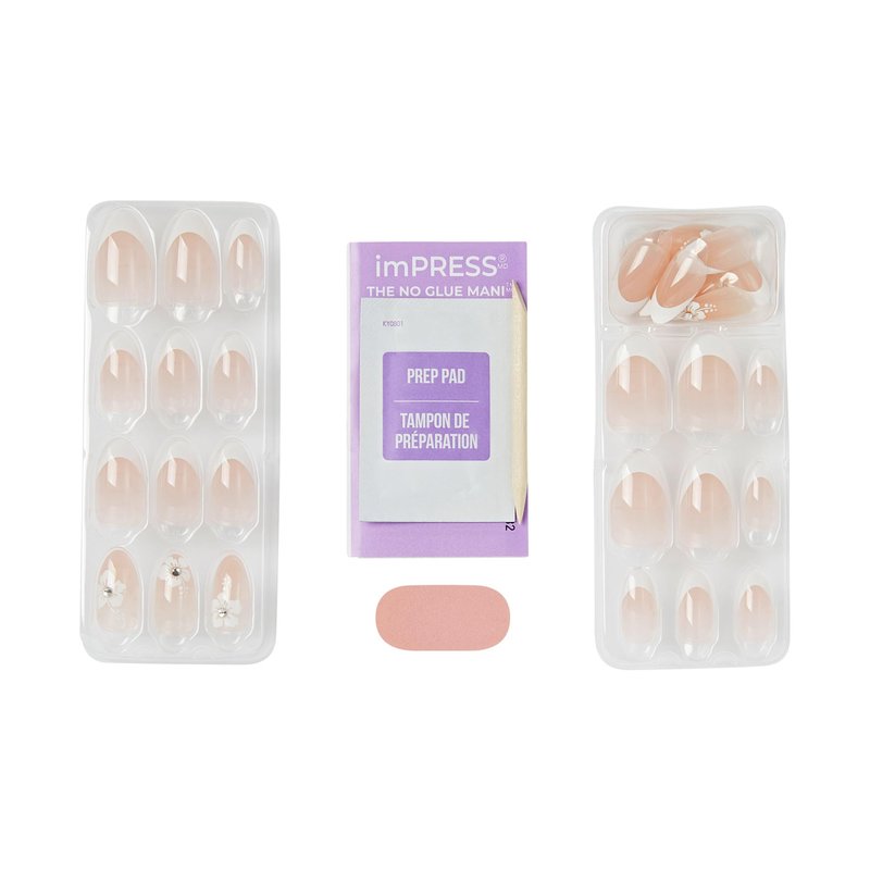 Kiss Impress No Glue Mani Press On Nails, Design, 'Buttercup Shine', White, Medium Size, Almond Shape, Includes 30 Nails, Prep Pad, Instructions Sheet, 1 Manicure Stick, 1 Mini File