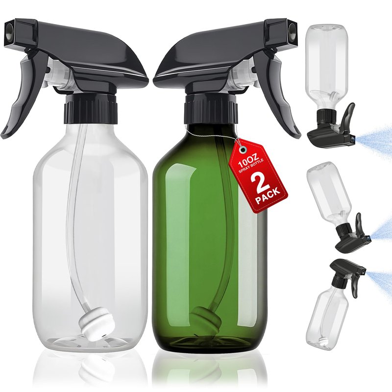 2 Packs Plastic Spray Bottles 360°Water Spray Bottle for Cleaning - 10 oz/300 ml Upside Down Spray Bottle Small Squirt Bottle with Adjustable Nozzle for Hair, Cooking, Plant, Pet (Clear + Green)