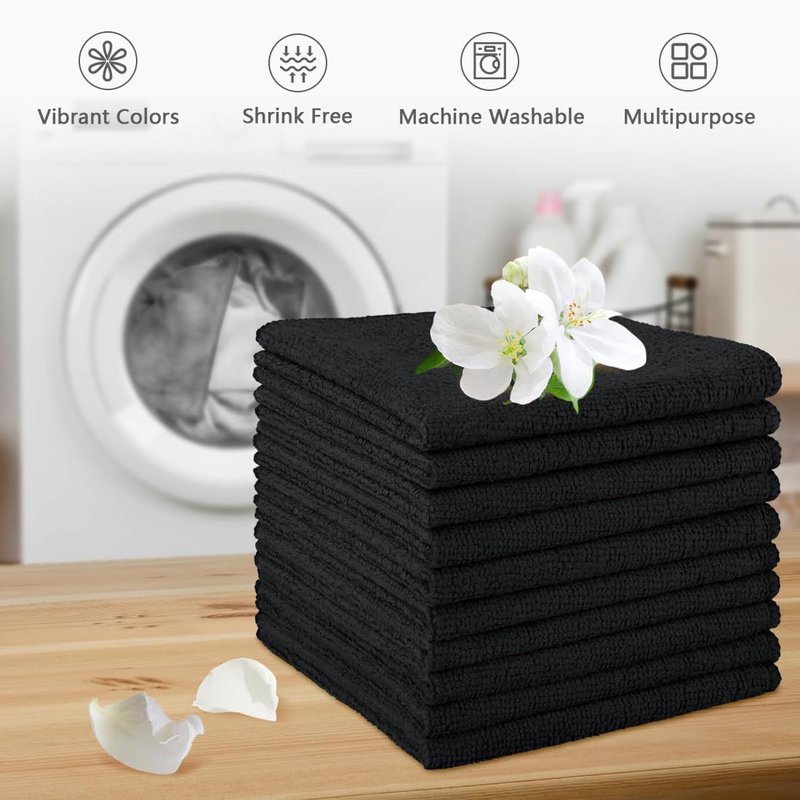 Orighty Washcloths Towels Set 10 Pack, Highly Absorbent and Soft Feel Microfiber Face Cloths, Multi-Purpose Wash Cloths & Hand Towels for Bathroom, Hotel, Spa, and Gym, 11.5x11.5 Inch, Black