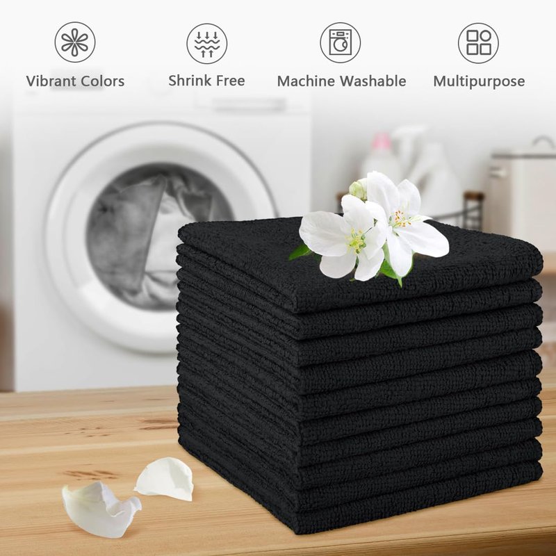 Orighty Microfiber Washcloths 20 Pack – Soft, Quick-Dry Face & Hand Towels for Travel, Gym, Spa, Hotel, 11.5"x11.5", Black
