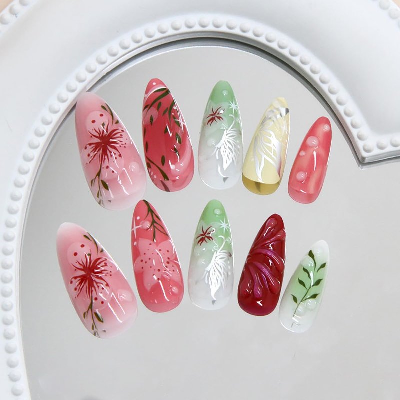 24Pcs Pink Flower Press on Nails Medium Almond Fake Nails 3D Floral Leaf with Silver Butterfly Designs Spring Summer False Nails Cute Colorful Full Cover Glue on Nails for Women Acrylic Manicure DIY