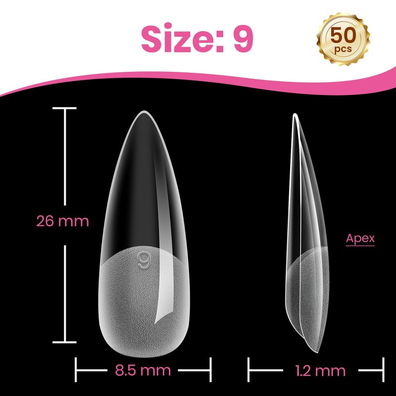 Beetles Tipex Lite Nail Tips, Medium Stiletto, Size 9, 50 Pcs, Built-in Apex Acrylic Tips for Flat & Natural Nail Beds, Beginner-Friendly DIY Nail Extensions