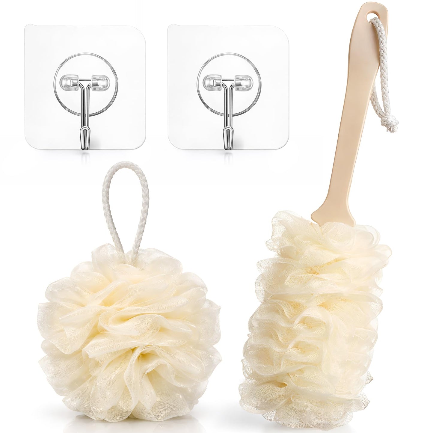 Suttmin 4 Pcs Back Scrubber Showers Set Bath Sponge Loofah Back Scrubber for Men Women Bathing Accessories Includes 1 Long Handled Shower Sponge 1 Bath Shower Luffa Pouf 2 Hooks to Hang Stuff