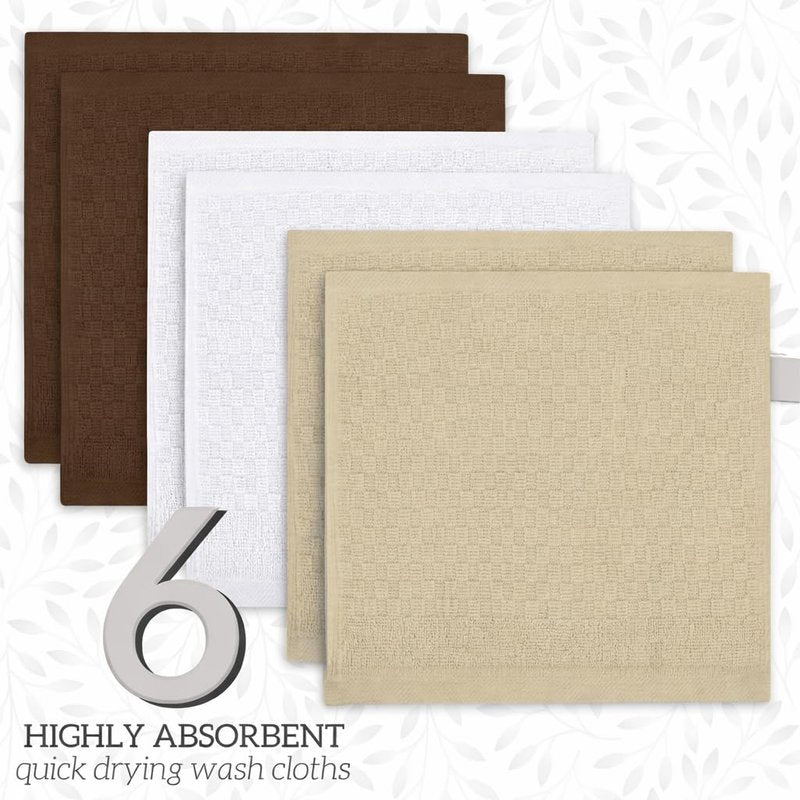 GREEN LIFESTYLE 12x12 inches Checker Washcloths 6 Pack, Soft, Durable, Highly Absorbent and Luxurious (Beige)