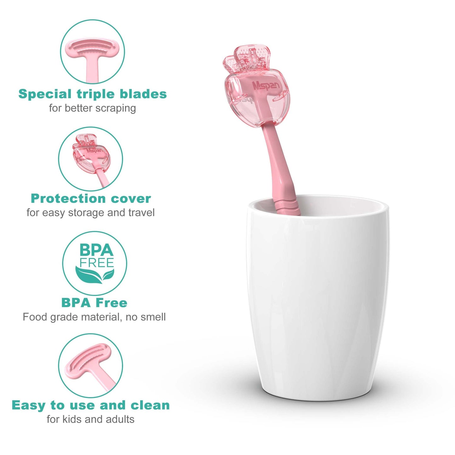 Mspan Tongue Scraper Cleaner Brush: Tongue Care Cleaning Scrubber with Plastic Travel Case Cover for Adults kids - Clean Oral Bad Breath Pink White 2 Pack