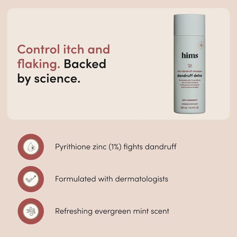 hims Dandruff Detox Shampoo - Pyrithione Zinc, Argan Oil, & Avocado Oil Formula - Dandruff Shampoo for Flaky & Itchy Scalp - Sulfate-Free, Paraben-Free - Evergreen Mint Scent - 6.4 Fl Oz, 2 Pack