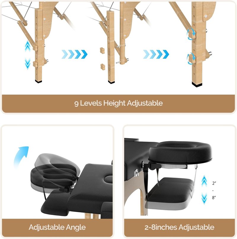 OmySalon Massage Table Portable Massage Bed, 84" x 24" 2-Fold Salon SPA Tattoo Bed Lash Table Height Adjustable with Carrying Bag, Face Cradle & Wooden Frame, Black