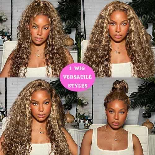 Hidden Strap 360 Deep Wave Lace Front Wigs Human Hair 180 Density Highlight Ombre HD Full Lace Front Wigs Human Hair Pre Plucked 22 Inch Drawstring Honey Blonde Wig Human Hair For Women
