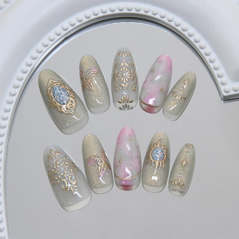 Skiennix 30Pcs Almond Press-On Nails - 3D Gold Star Design, Glossy Full Cover, Reusable & Stylish