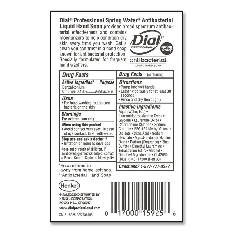 Dial 15926EA Antibacterial Liquid Hand Soap, Spring Water Scent, 1 gal Bottle