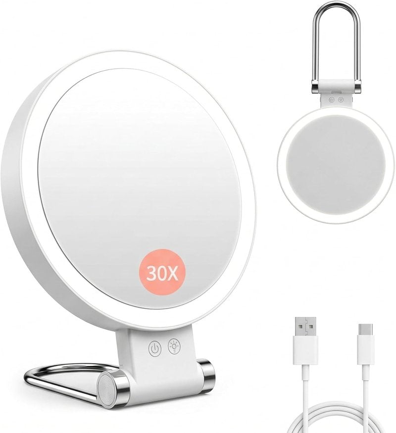 Makeup Mirror with Lights - 1X/30X Magnifying, Adjustable 3 Color Light | Rechargeable, Smart Memory, Perfect Gift for Women