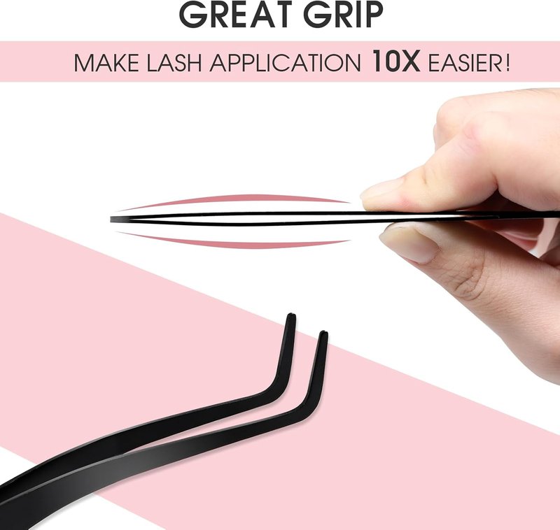 Eyelash Applicator Tool - Stainless Steel Curved Tweezers for Cluster Lashes | Black