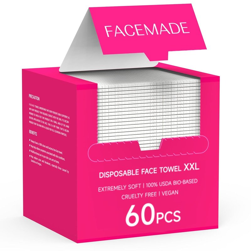 FACEMADE XXL Disposable Face Towels - 60 Count, 100% Biobased, Super Soft & Thick for Makeup & Skin Care