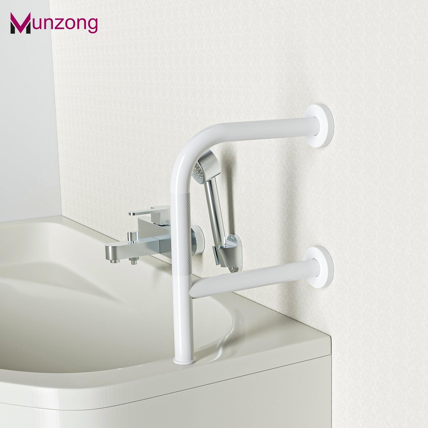 Bathtub Safety Rail with Double Grip, Munzong 16 Inch F-Shape Anti-Slip Shower Grab Bar for Seniors Handicap, Heavy Duty 300lb Support Wall Mounted Bathtub Handle, Standing Balance Aid for Elderly