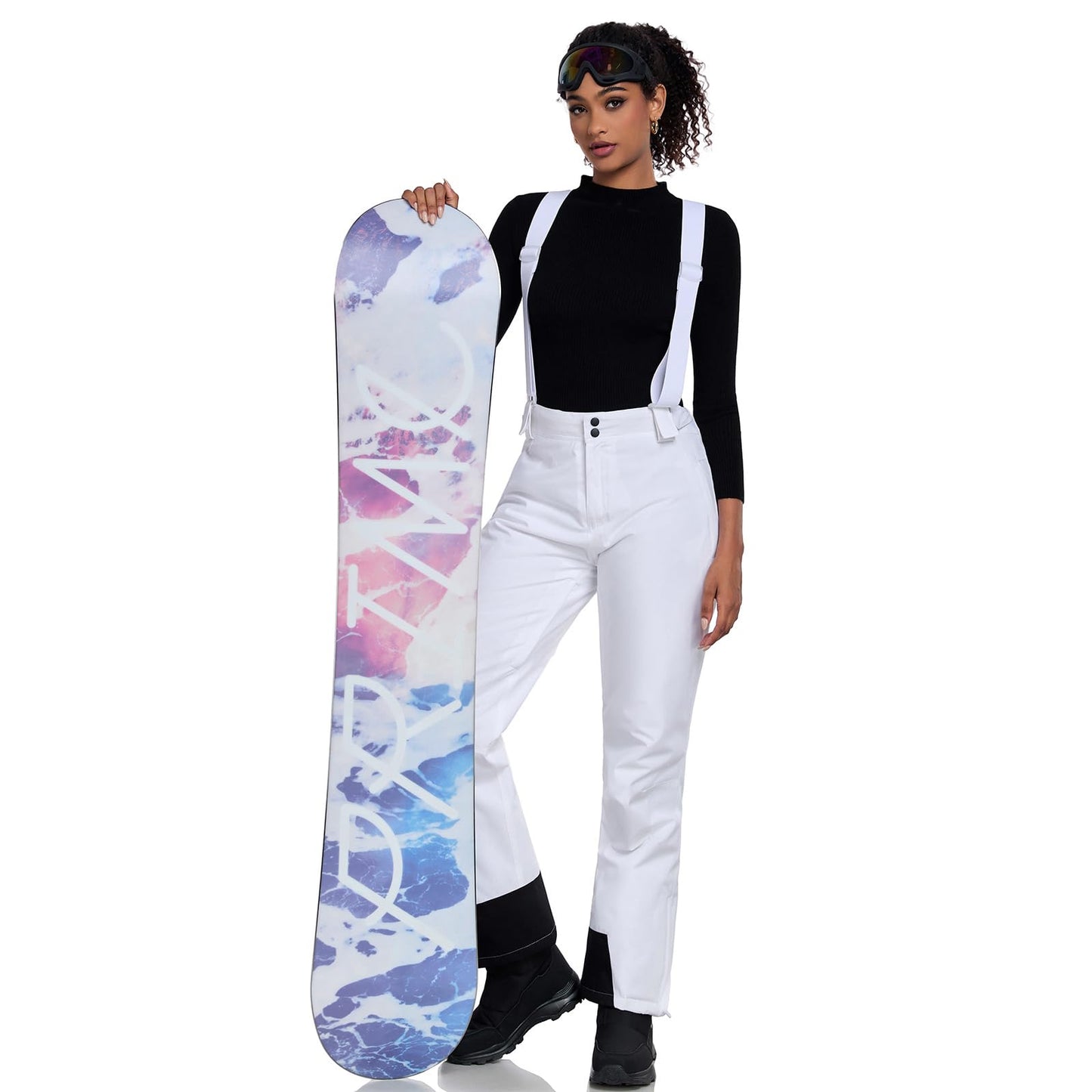 ALSOGO Women's Insulated Snow Pants Winter Warm Ski Pant Outdoor Waterproof Windproof Snowboard Bibs with Detachable Suspender White S