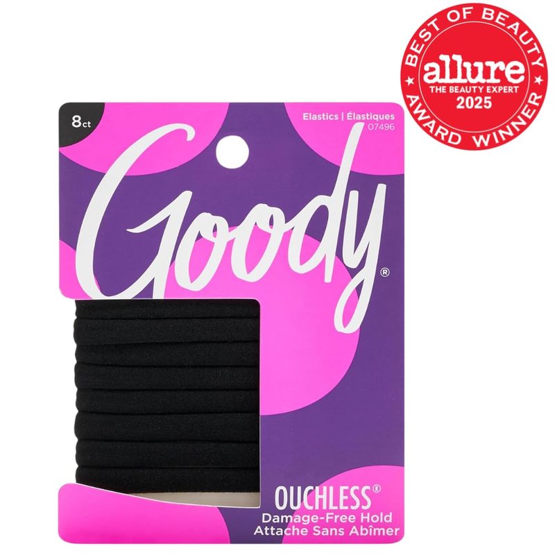 Goody Ouchless Hair Elastics - Damage-Free Gentle Hold Ties | 8 Ct, Black, No Snag for All Hair Types
