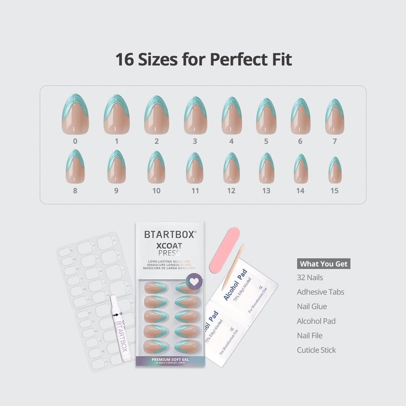 BTArtbox French Tip Press On Nails - Wave Ride, Lamp-Curable 4-Week Wear 3D Blue Swirl Short Almond Press On Nails with Glue and Adhesive Tabs, Easy-to-Apply in 16 Sizes - 32 Nails All-in-One Kit