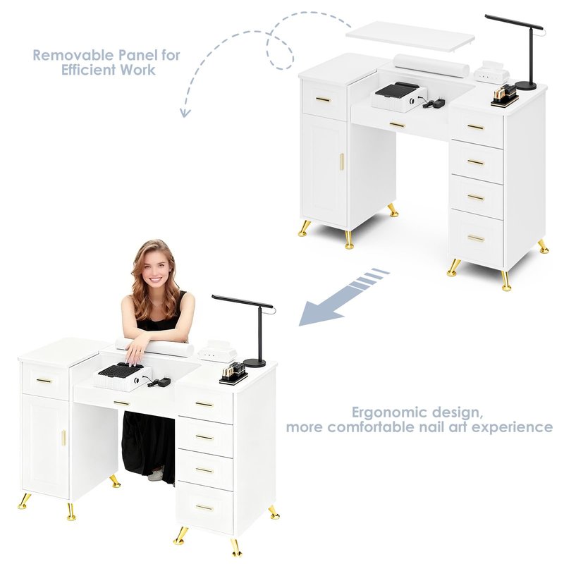 HolaiNail Manicure Table with Removable Panel, Nail Tech Desk with Dust Collector, Drawers & Storage, Nail Station for Salon or Home Studio (White)