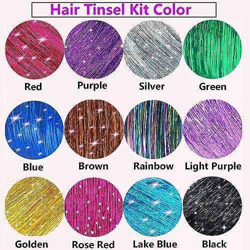 Hair Tinsel Kit (48 Inch,12 Colors, 3800 strands), Fairy Tinsel Hair Extensions with Tools - Glitter Hair Tinsel Heat Resistant Accessories for Girls Women Kids Christmas New Year Halloween Cosplay