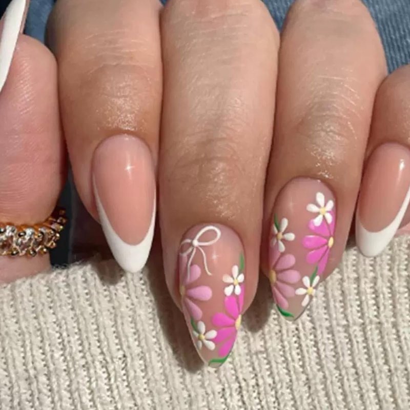 Skiennix Flower Press On Nails - Medium Almond French Tip Design - 144 Pcs Full Cover Glossy Acrylic