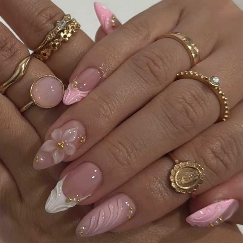 30Pcs 3D Pink Press on Nails Almond Medium False Nails White French Tip Fake Nails with Gold Bead Flower Rhinestones Design Cute Glue on Nails Artificial Spring Flower Acrylic Nails for Women Manicure