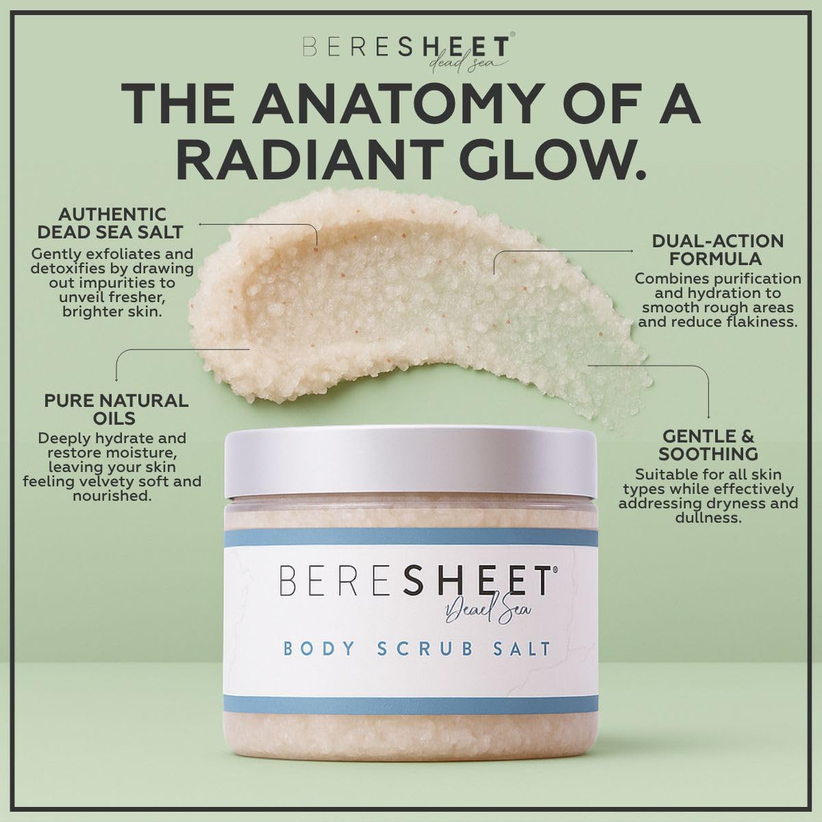Beresheet Dead Sea Salt Body Scrub – Natural Exfoliating & Hydrating Body Scrub with Dead Sea Minerals & Natural Oils – Deep Cleansing, Nourishing & Skin-Smoothing Scrub for All Skin Types