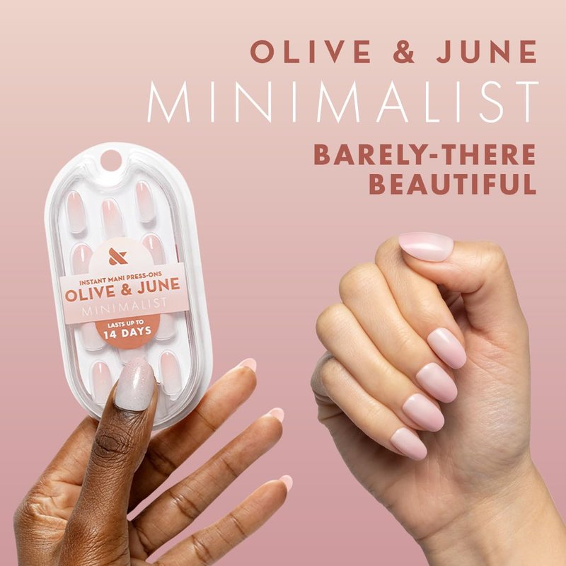 Olive & June Minimalist Instant Mani Press On Nails (Glue) | 42 Fake Nails, 21 Sizes | Non-Toxic, Long-Lasting Barely-There Look | Salon-Quality at Home | Medium, Oval | Rose Gradient Shimmer