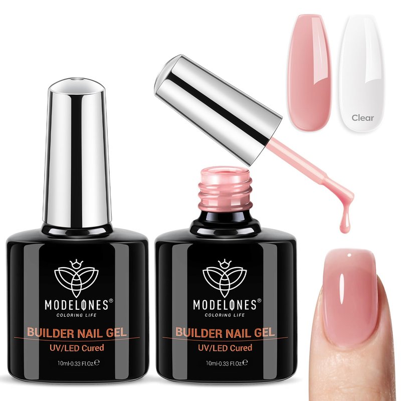 modelones Base Coat Builder Nail Gel, 2 Pcs Clear and Rose Nude Pink Builder Nail Polish for Thickening Apex Building 8-in-One Rubber Color Base Polish Extend Gel LED Lamp Cured 10 ml DIY Salon