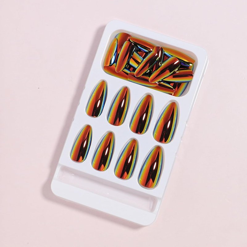 Skiennix 24Pcs Chrome Press-On Nails - Medium Almond Black Aurora Glossy Full Cover Nail Tips