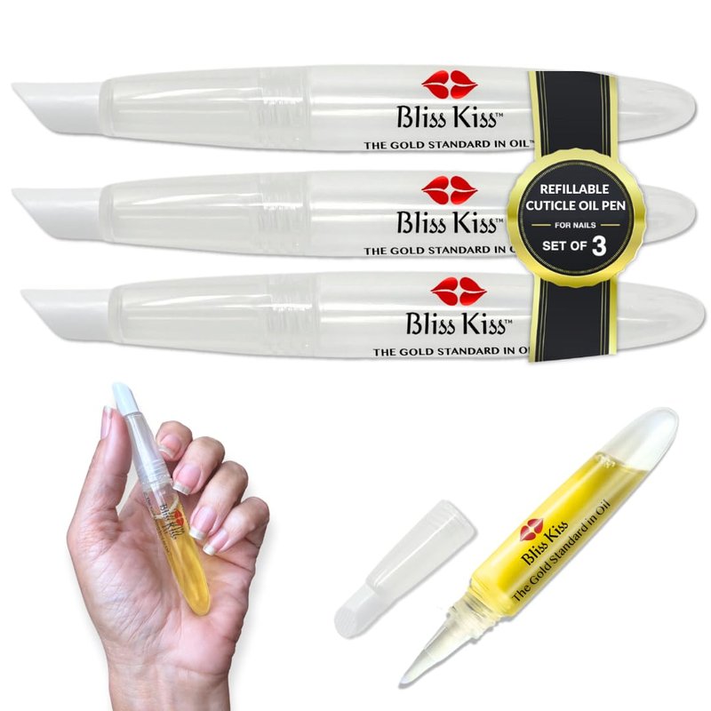Bliss Kiss Refillable Cuticle Oil Pen - Empty 3-Pack for Nail Growth & Easy Application