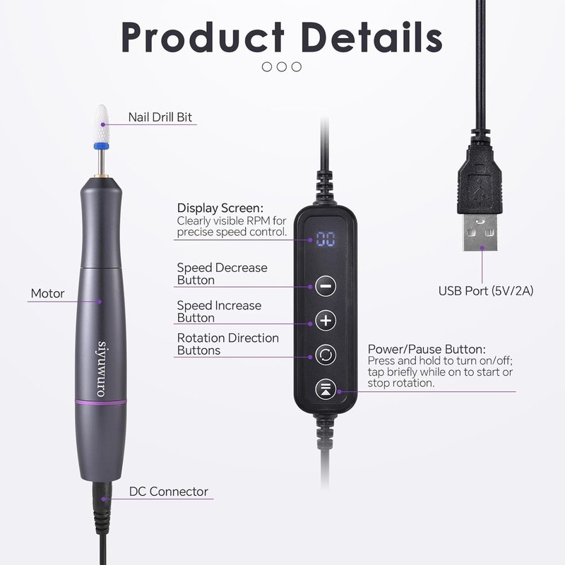 Electric Nail Drill Machine - Portable Electric Nail File for Acrylic & Gel Nails | Professional Manicure Kit in Grey