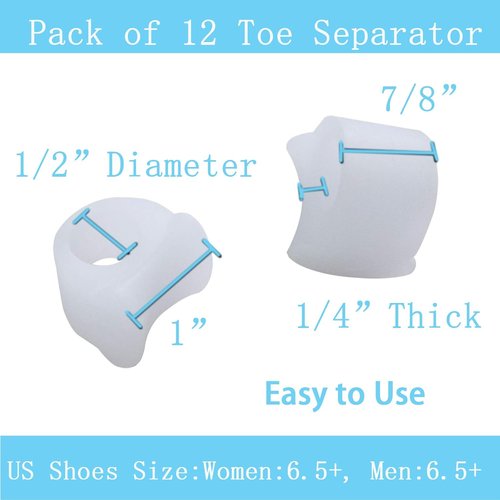 Pack of 12 Gel Toe Separator, (1/4" Thick) Big Toe Spacers, Single Loop Toe Spreader for Bunions, Overlapping Toe, Corrector and Spacer (Clear)