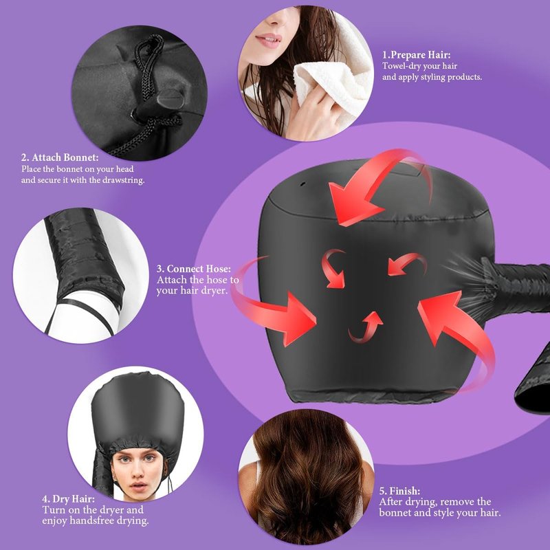 Hooded Hair Dryer Bonnet - Fast-Drying Bonnet for Natural Hair | Adjustable Fit, Portable & Lightweight (Black)