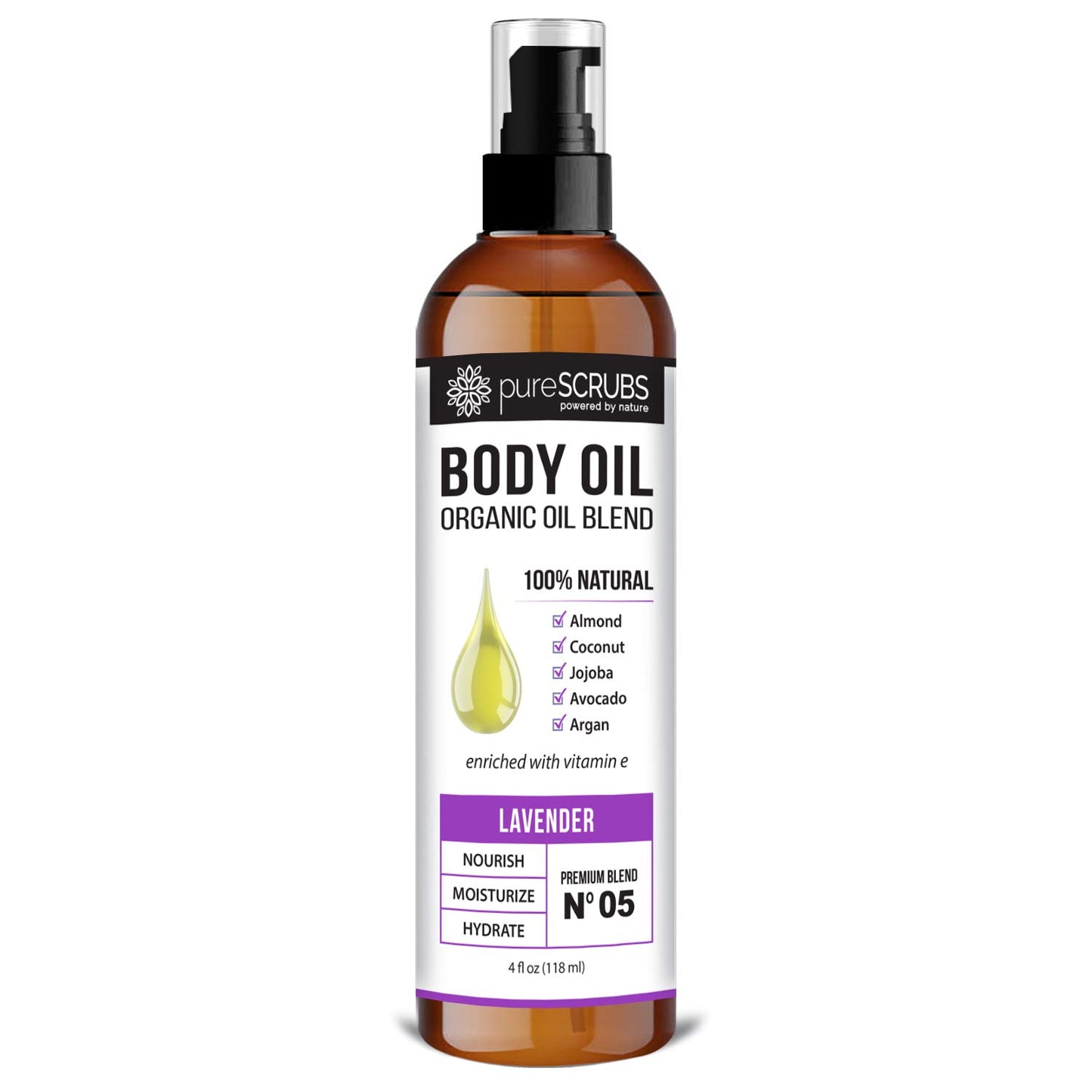 pureSCRUBS Ultra Moisturizing Lavender Body Oil for Dry Skin, Lightweight Full Body Moisturizer for Soft, Silky Skin, Massage & Cuticle Oil, Vitamin E Enriched, 4 oz