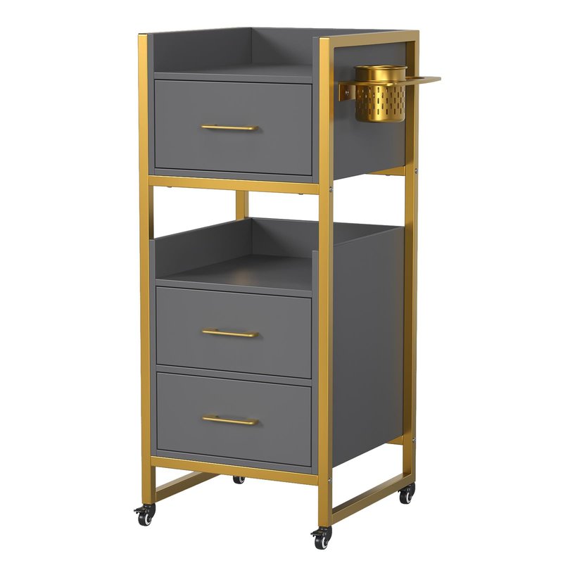 OmySalon Salon Trolley Cart, Hair Styling Station with 3 Drawers, 2 Open Shelf & Tool Holders, Mobile Barber Storage Cabinet Utility Trolley for Beauty Salon Spa, Gery