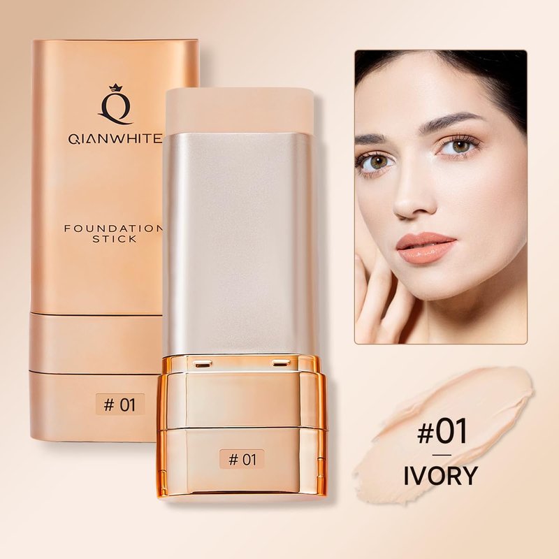 QIANWHITE Foundation Stick Korean Makeup - Foundation for Mature Skin Tint, Buildable Light to Full Coverage Foundation Make Up Concealer, Dual-Ended with Brush - Natural Dewy Finish (IVORY)