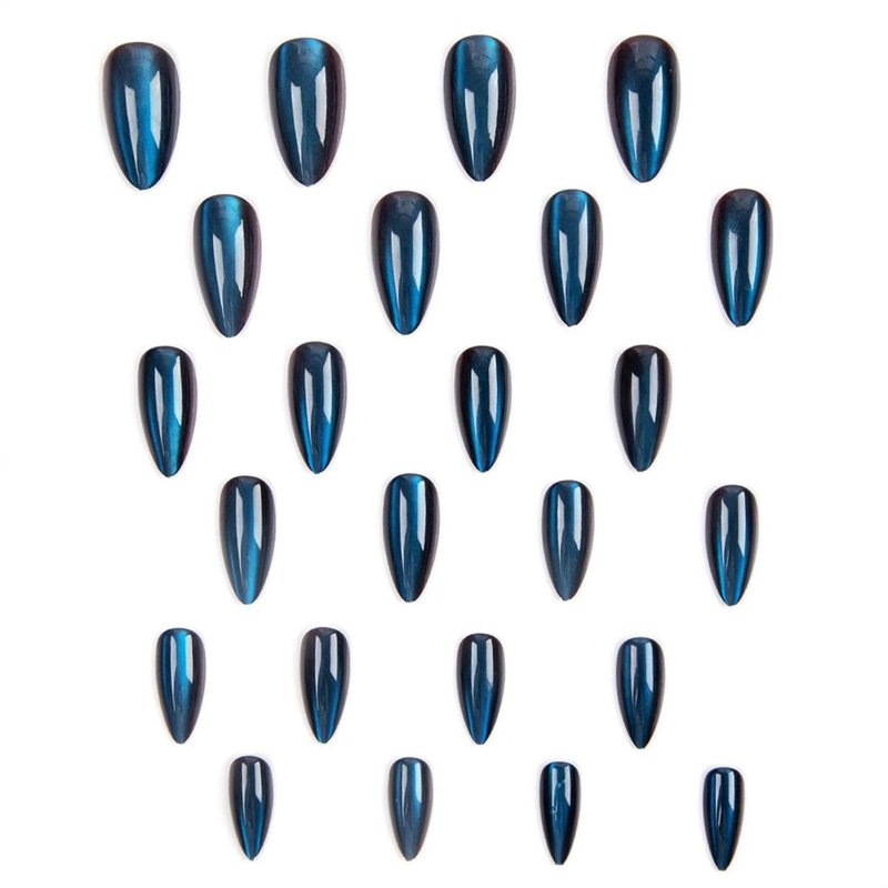 Dark Blue Press on Nails Medium Almond Fake Nails Glossy Glitter False Nails with Designs Gradient Acrylic Artificial Nail Full Cover Reusable Stick on Nails for Women Girls 24Pcs