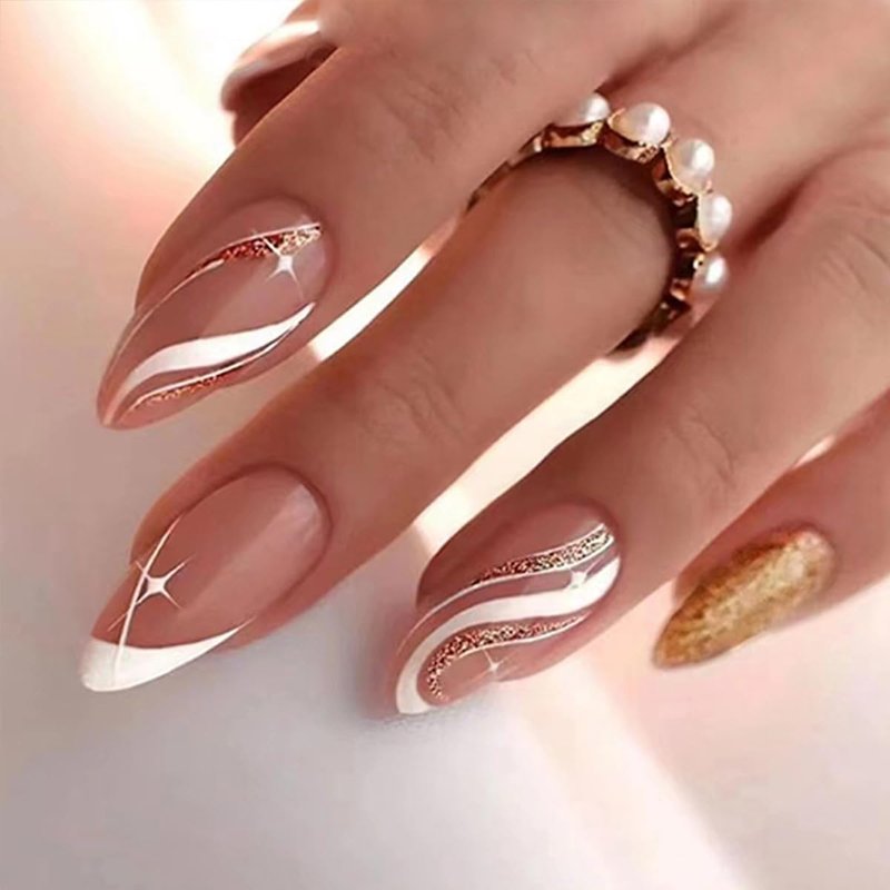 144Pcs Press on Nails Medium Almond Fake Nails French Tip False Nails with Designs Stick on Nails Full Cover Acrylic Nail for Women Manicure 6 Packs