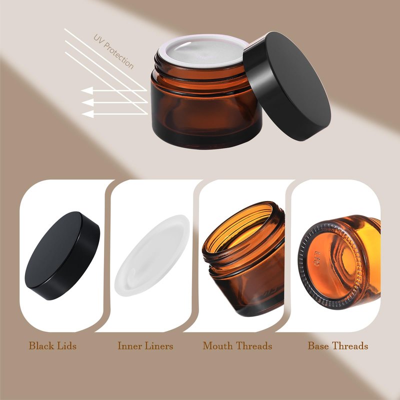 Lustervial 45Pack 2oz Small Amber Glass Jars with Lids, Lotion Container, Cosmetic Containers, Little Travel Jars for Creams with Mini Spoon, Black Label