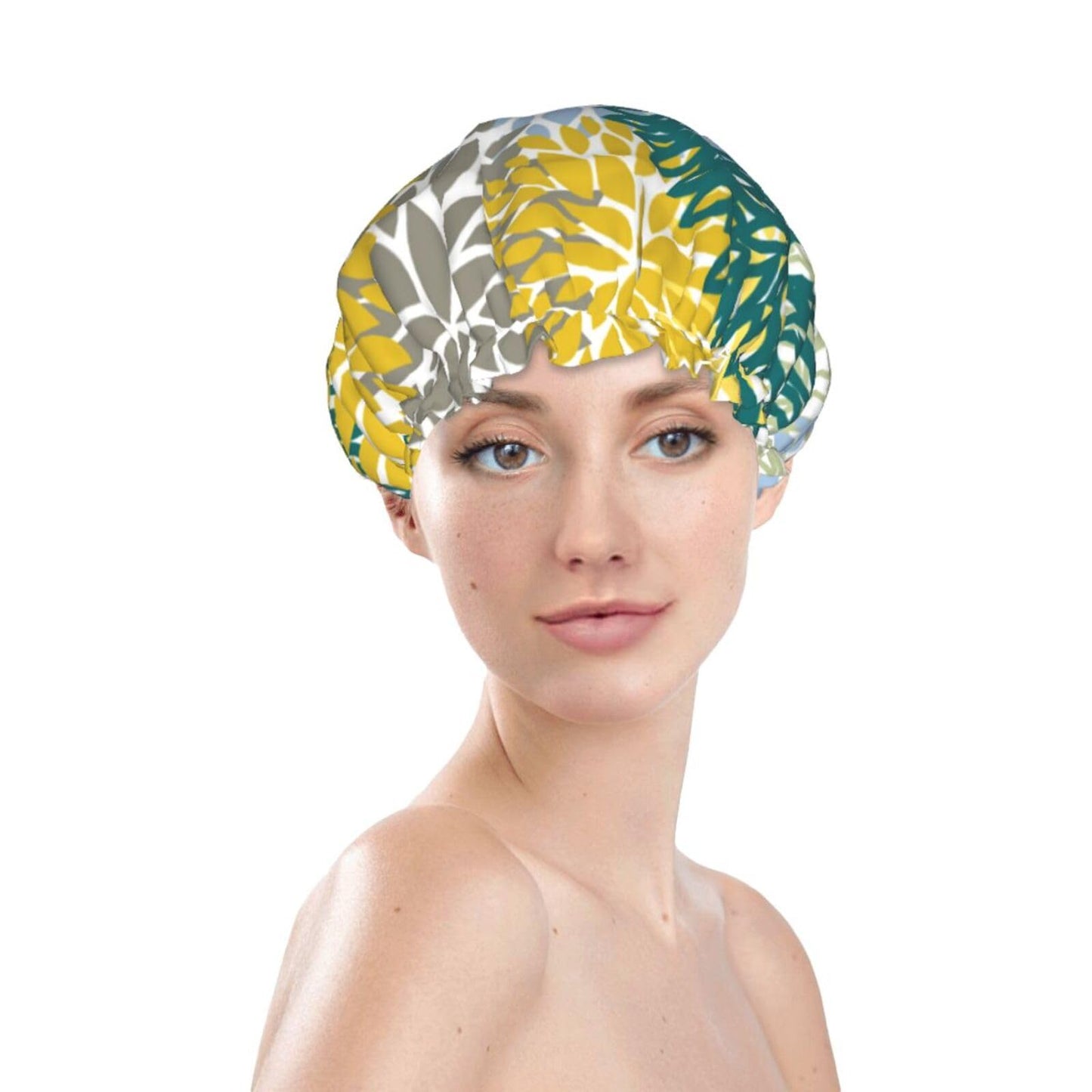 Art Flower Print Shower Cap for Women Double Layer Waterproof Reusable Shower Caps Adjustable Elastic Band Quick Drying Bath Hair Hat Protector with PEVA Lined for Spa Salon Bathing Hats