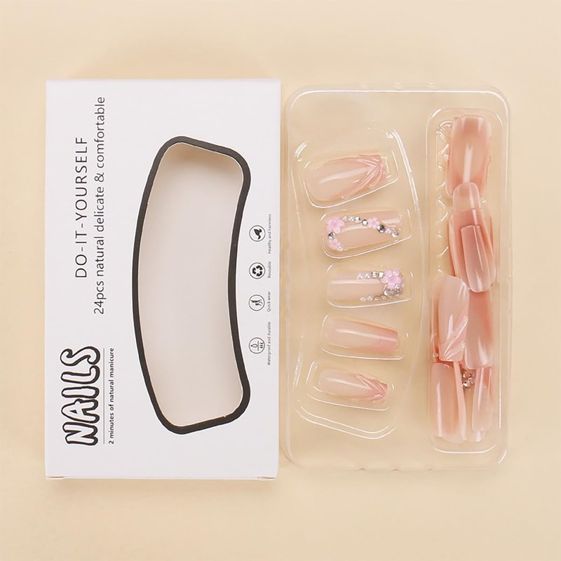 24Pcs French Tip Press on Nails Medium Square Fake Nails 3D Nail Tip Design Glue on Nails Flower Charms Rhinestone Full Cover Luxury Acrylic Nails Nude Pink Artificial False Nails Kits for Women